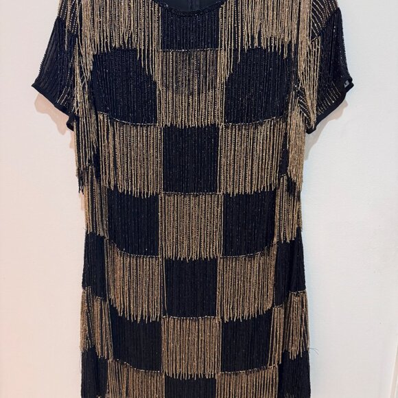 ASOS Design Black & Gold Beaded Fringe Check Minidress Size 12 - Picture 2 of 6